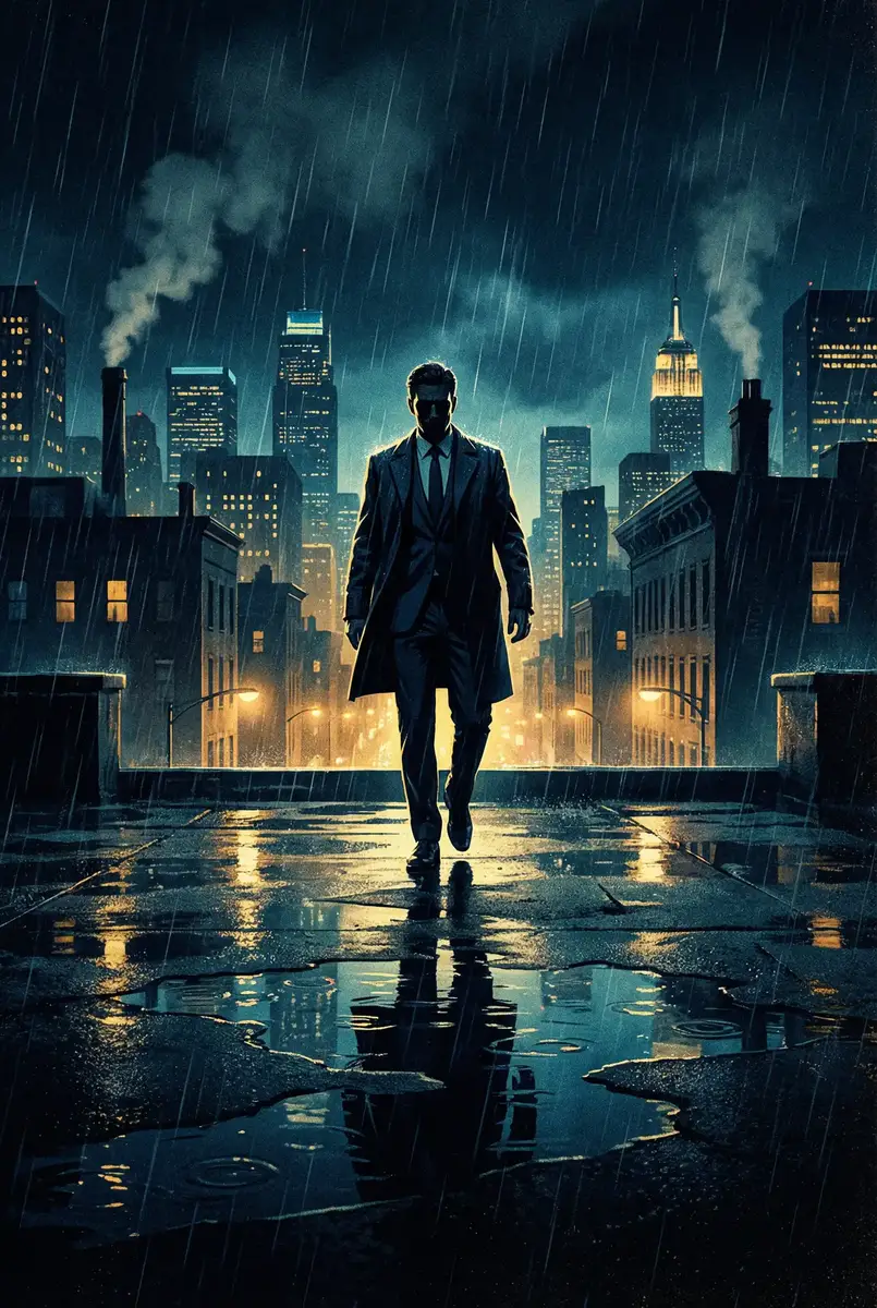 黑奴繁殖场完整版 出品影片《雨夜独行者》海报，雨中城市屋顶男性剪影
